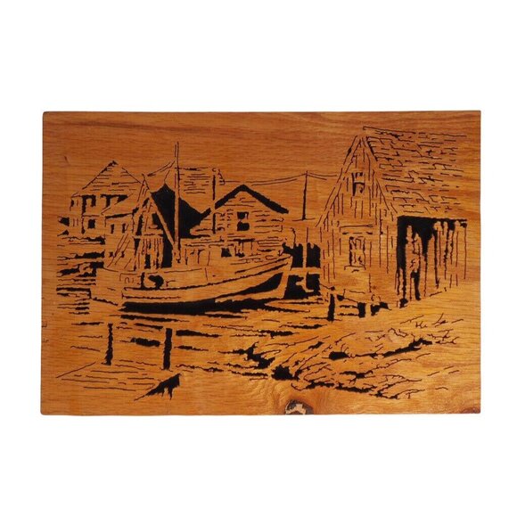 Vintage Lazer Cut Wood Art Harbor Fishing Scene by Philip A Deering OOAK - Picture 1 of 6